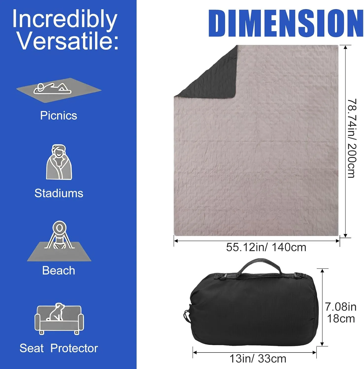 Tranqun 2 Large Outdoor Blanket 78'' x 55'' Quilted Windproof Waterproof Fleece Sandproof Stadium Foldable Warm Blanket for Camping Picnic Sporting Events Cold Weather (Black)
