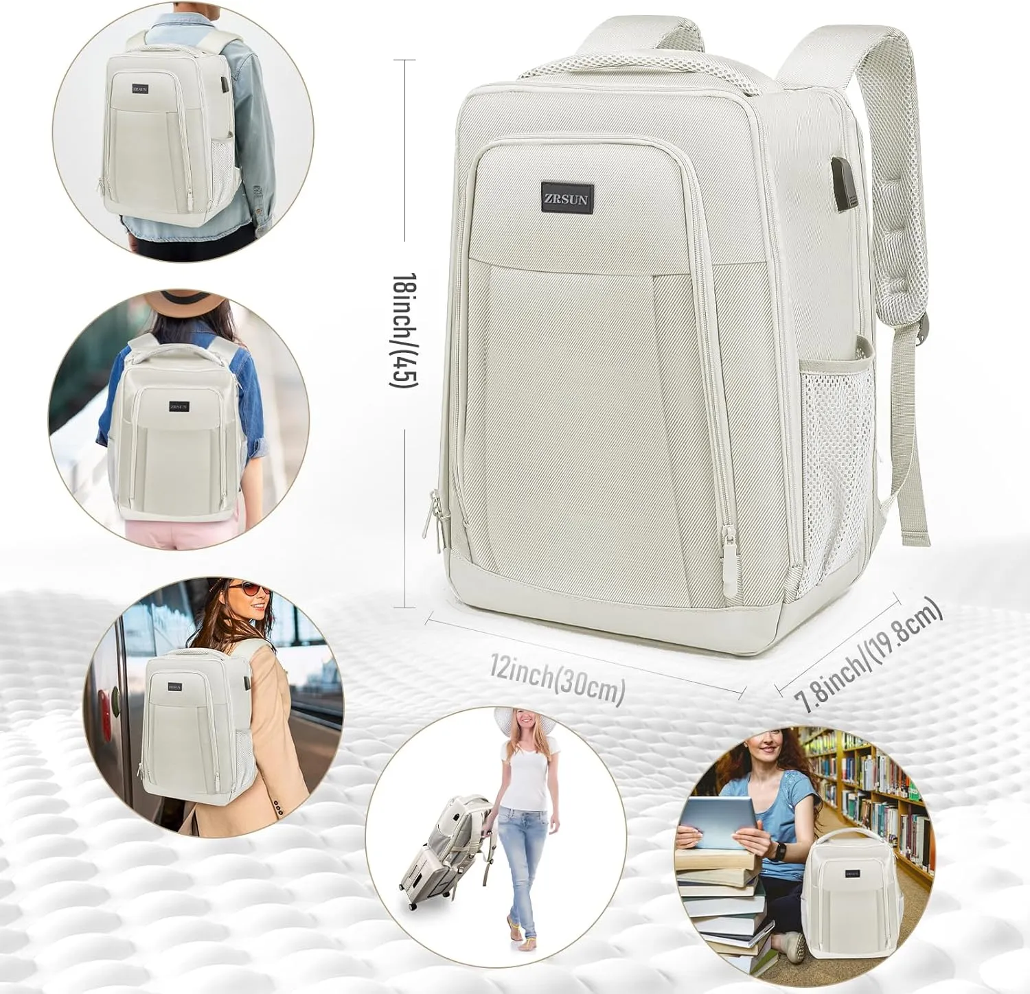 Travel Backpack, Business Anti Theft Slim Sturdy Laptops Backpack with USB Charging Port, Water Resistant College School Laptop Bag for Men & Women Fits 15.6 Inch Notebook (Beige)