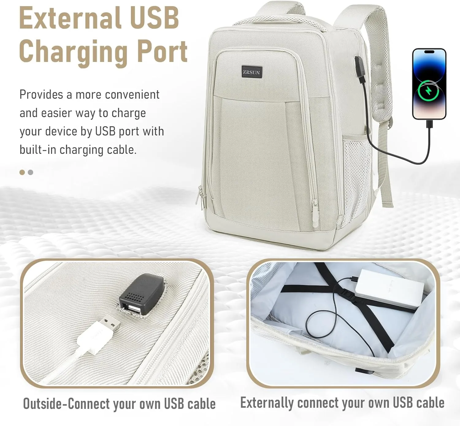 Travel Backpack, Business Anti Theft Slim Sturdy Laptops Backpack with USB Charging Port, Water Resistant College School Laptop Bag for Men & Women Fits 15.6 Inch Notebook (Beige)