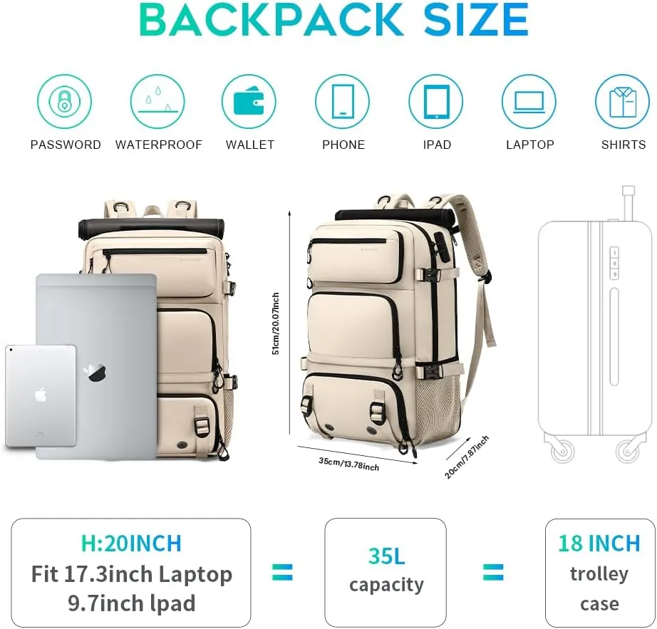 Travel backpack Carry-on Travel Backpack For Women Men Flight Approved Business Weekender Overnight Waterproof Daypack (off-white)