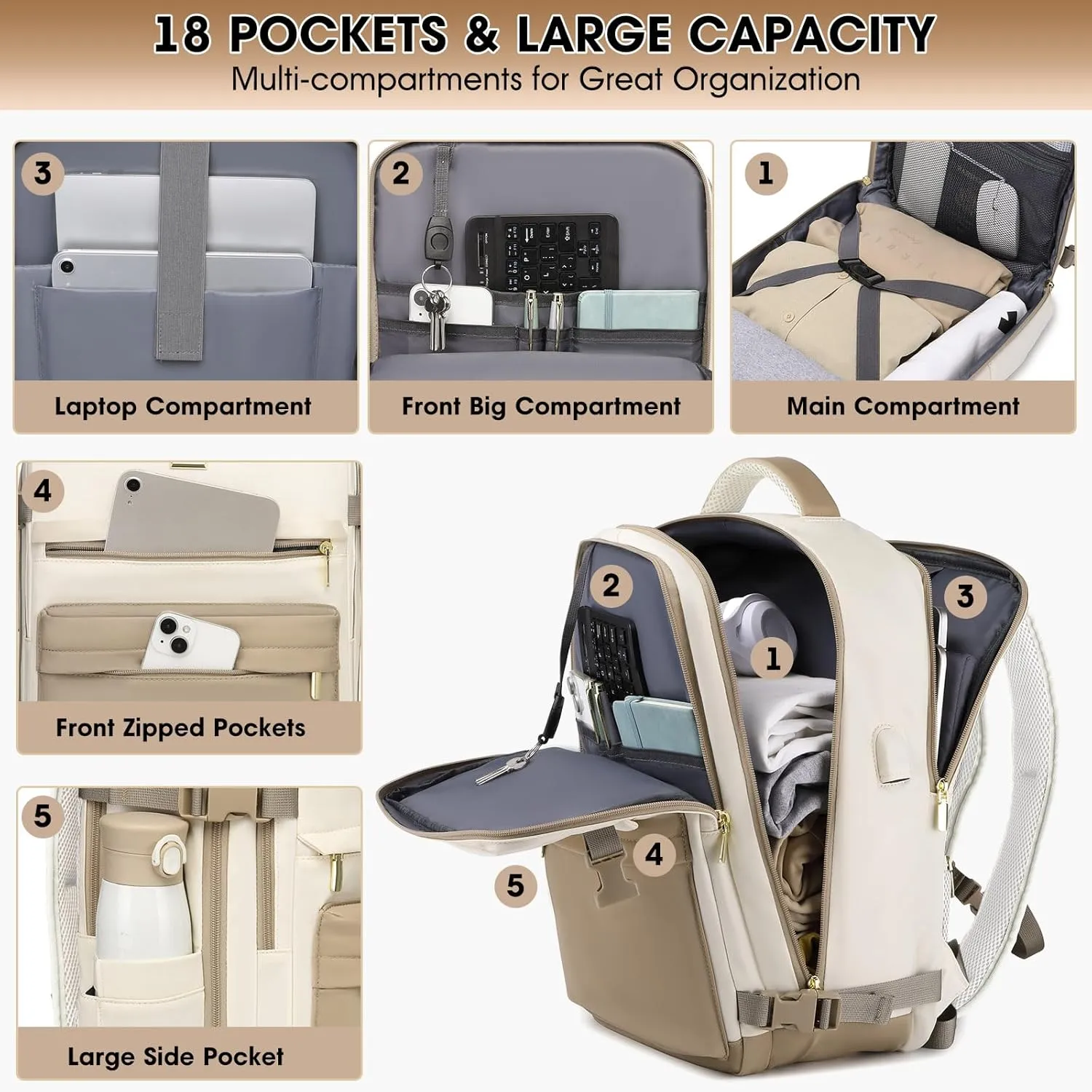 Travel Backpack for Women, 35L Large Carry On Backpack Flight Approved, Waterproof Personal Item Travel Bag fits 17 inch Laptop, TSA Backpack Suitcase with 2 Toiletry Bags & Shoe Bag, Beige