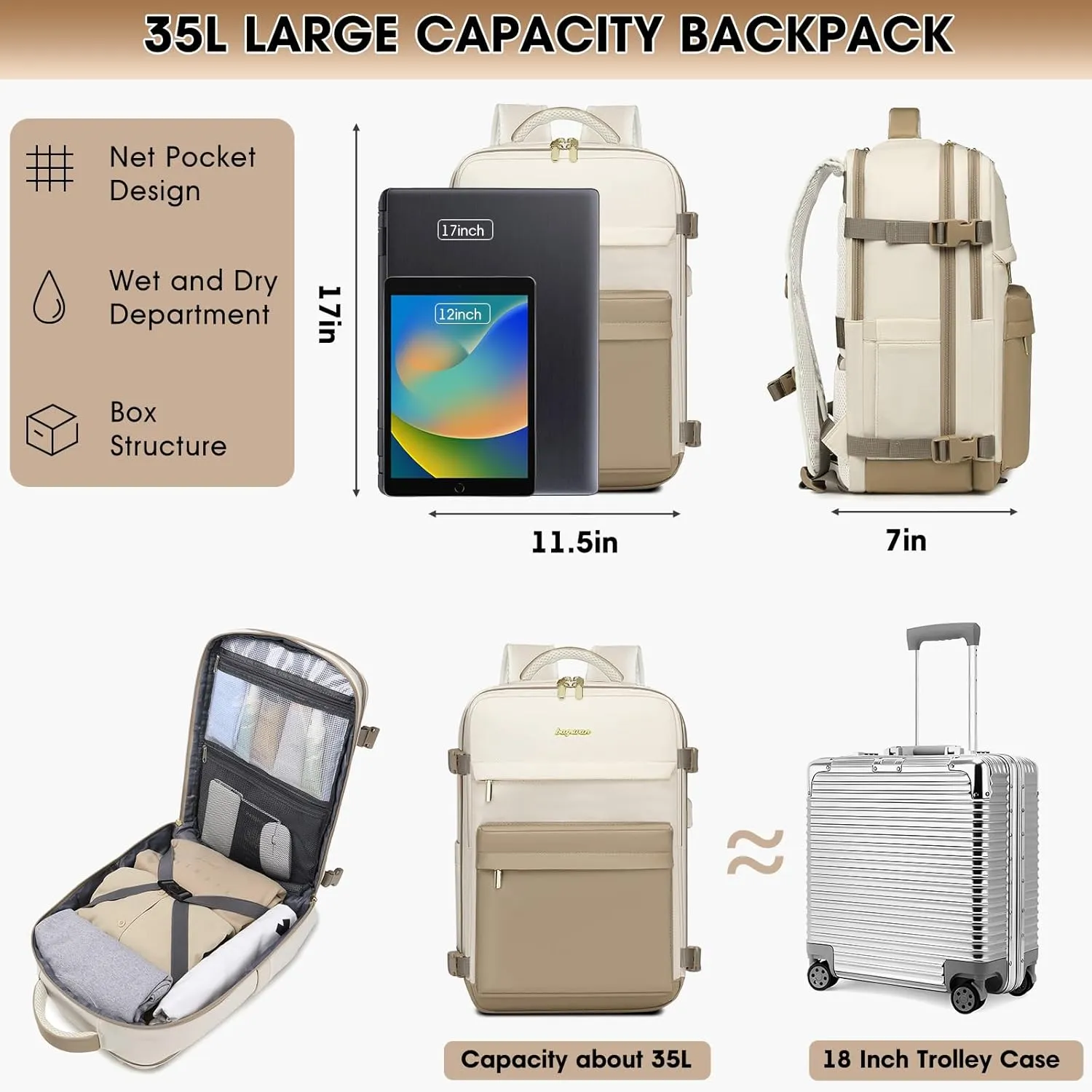 Travel Backpack for Women, 35L Large Carry On Backpack Flight Approved, Waterproof Personal Item Travel Bag fits 17 inch Laptop, TSA Backpack Suitcase with 2 Toiletry Bags & Shoe Bag, Beige