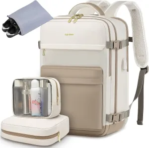 Travel Backpack for Women, 35L Large Carry On Backpack Flight Approved, Waterproof Personal Item Travel Bag fits 17 inch Laptop, TSA Backpack Suitcase with 2 Toiletry Bags & Shoe Bag, Beige