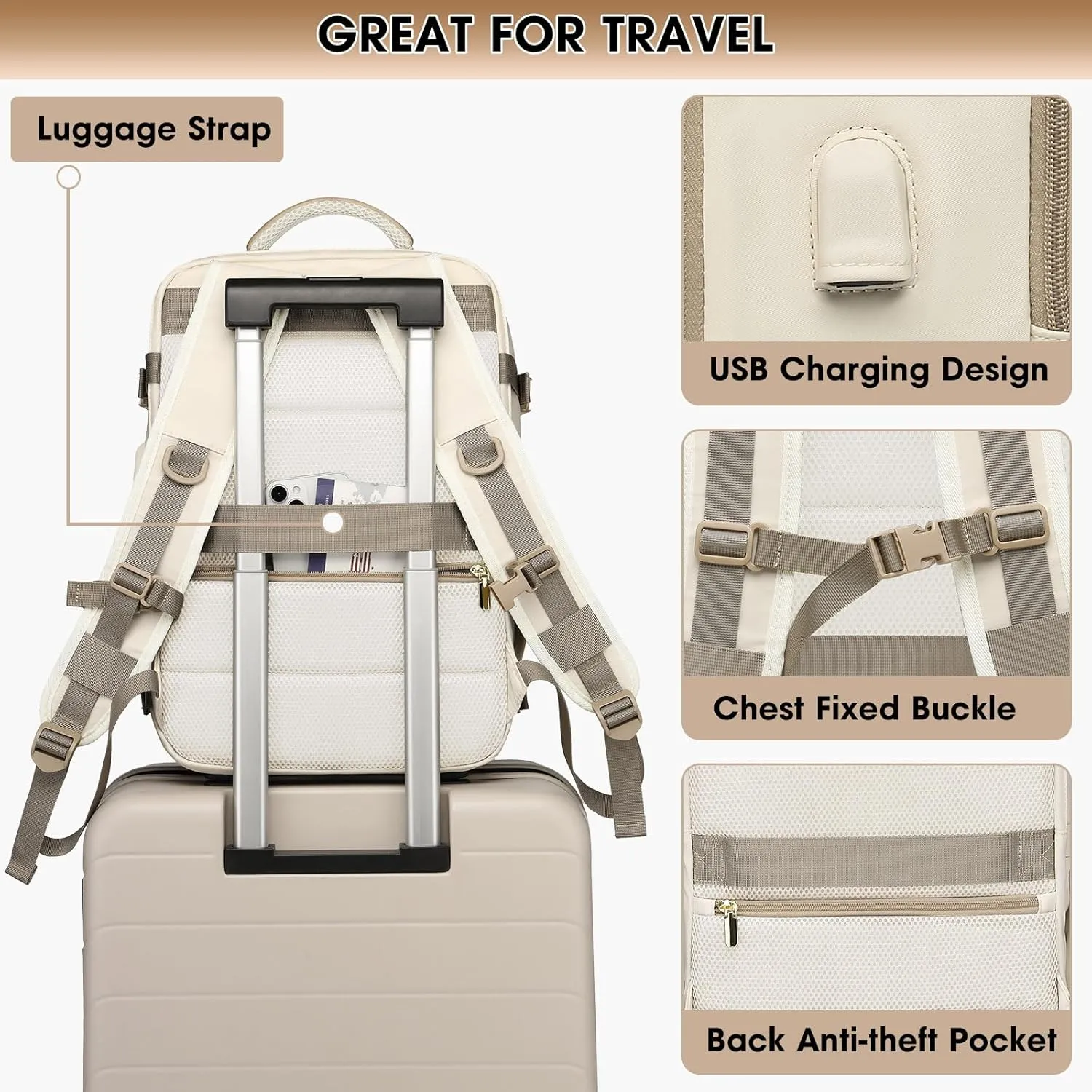 Travel Backpack for Women, 35L Large Carry On Backpack Flight Approved, Waterproof Personal Item Travel Bag fits 17 inch Laptop, TSA Backpack Suitcase with 2 Toiletry Bags & Shoe Bag, Beige