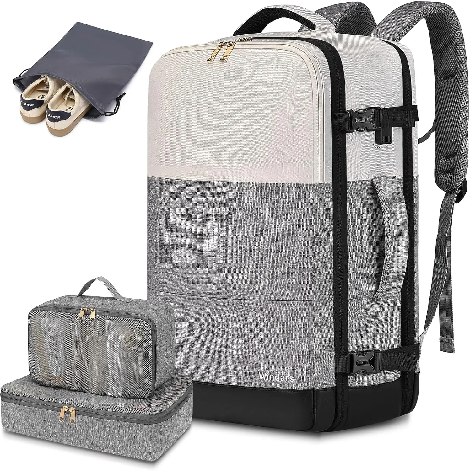 Travel Backpack For Women, 40L Travel Back pack Carry On Backpack For Airplanes, TSA Personal Item Backpack Fits 15.6” Laptop 4PCS, Beige Grey Black