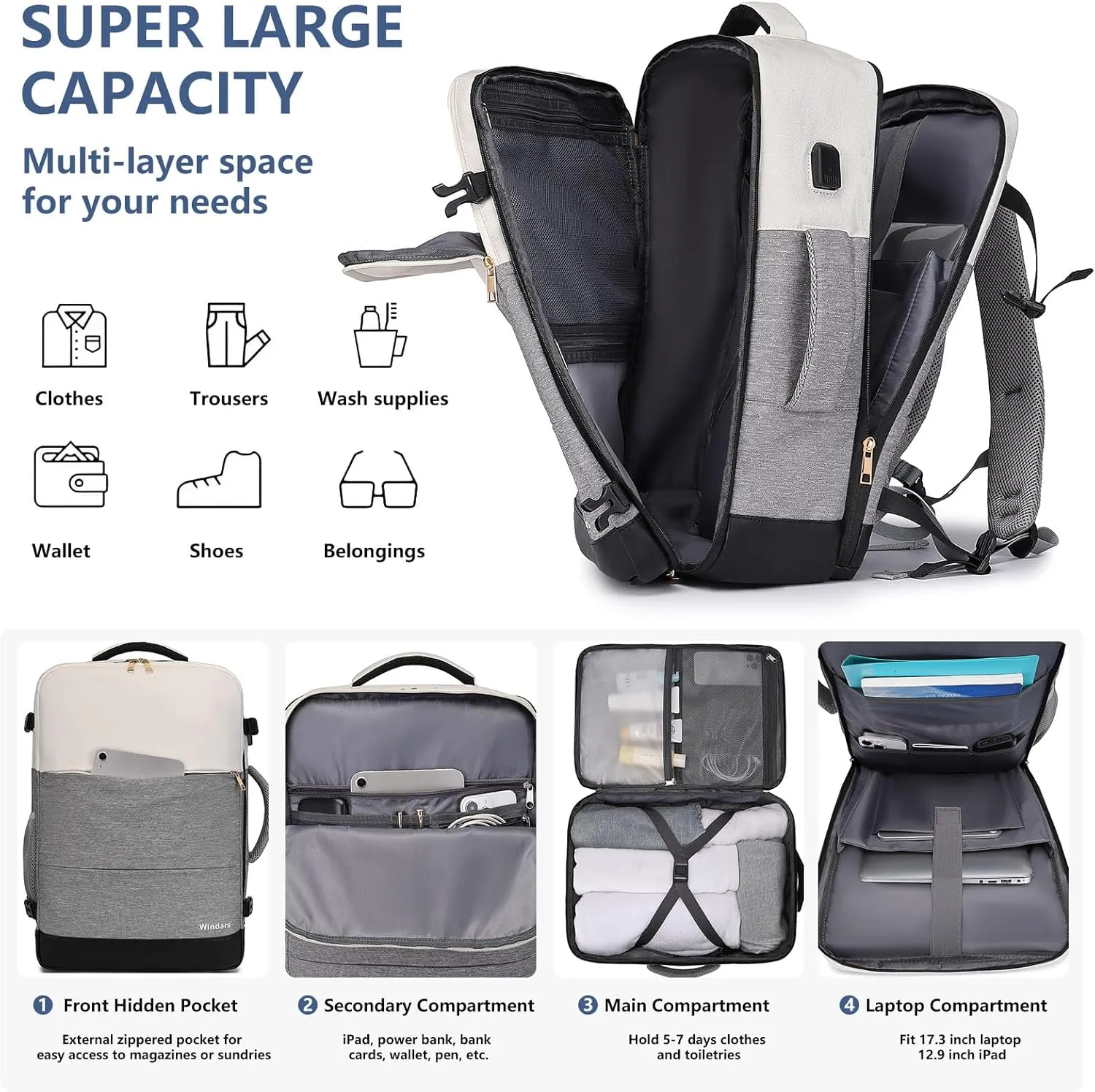 Travel Backpack For Women, 40L Travel Back pack Carry On Backpack For Airplanes, TSA Personal Item Backpack Fits 15.6” Laptop 4PCS, Beige Grey Black