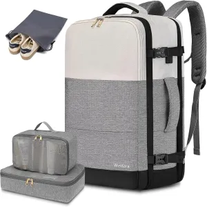 Travel Backpack For Women, 40L Travel Back pack Carry On Backpack For Airplanes, TSA Personal Item Backpack Fits 15.6” Laptop 4PCS, Beige Grey Black