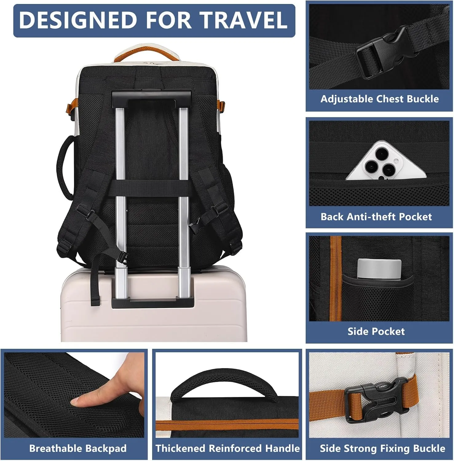 Travel Backpack For Women, 40L Travel Backpack Carry On Backpack Fits 15.6' Laptop, 4PCS, Beige Black Brown, 18.5 Inch