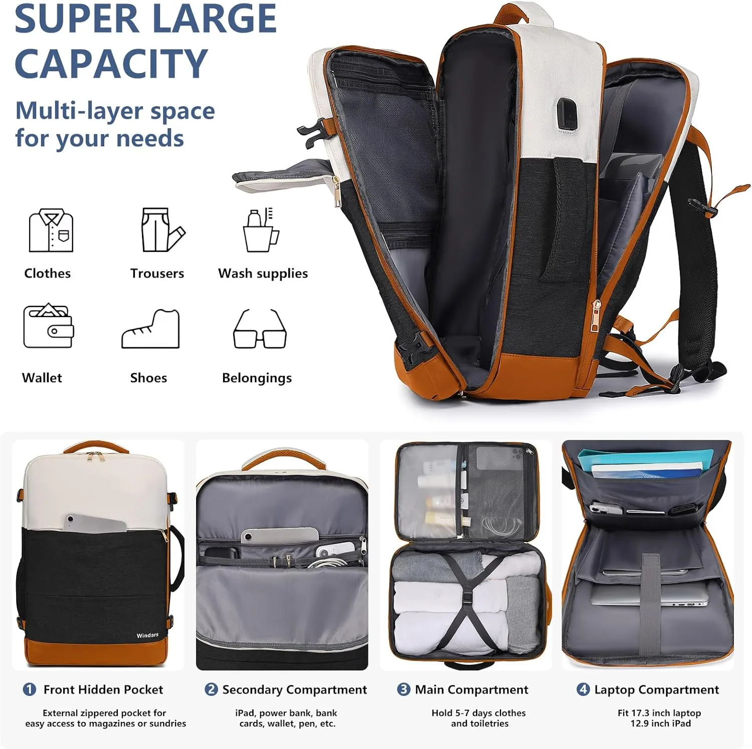 Travel Backpack For Women, 40L Travel Backpack Carry On Backpack Fits 15.6' Laptop, 4PCS, Beige Black Brown, 18.5 Inch