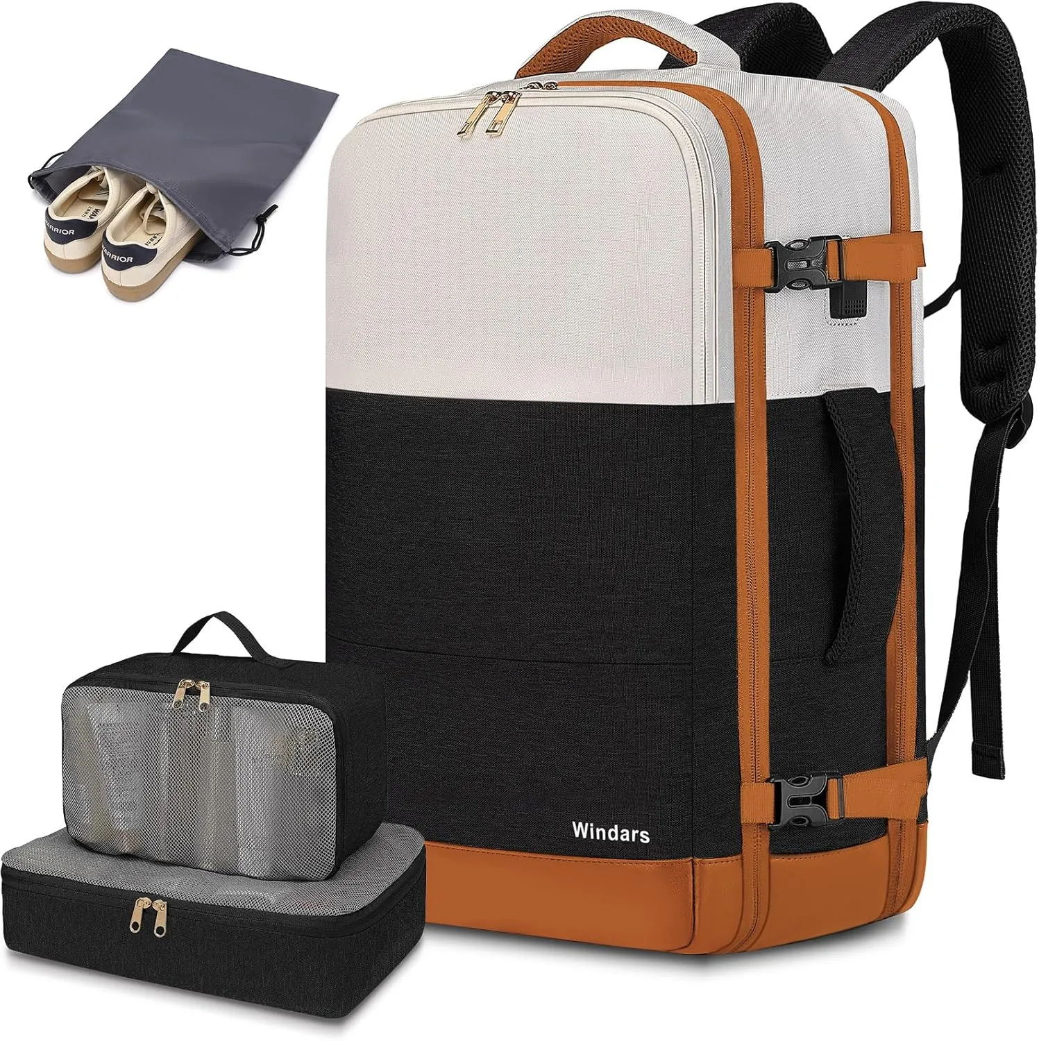 Travel Backpack For Women, 40L Travel Backpack Carry On Backpack Fits 15.6' Laptop, 4PCS, Beige Black Brown, 18.5 Inch