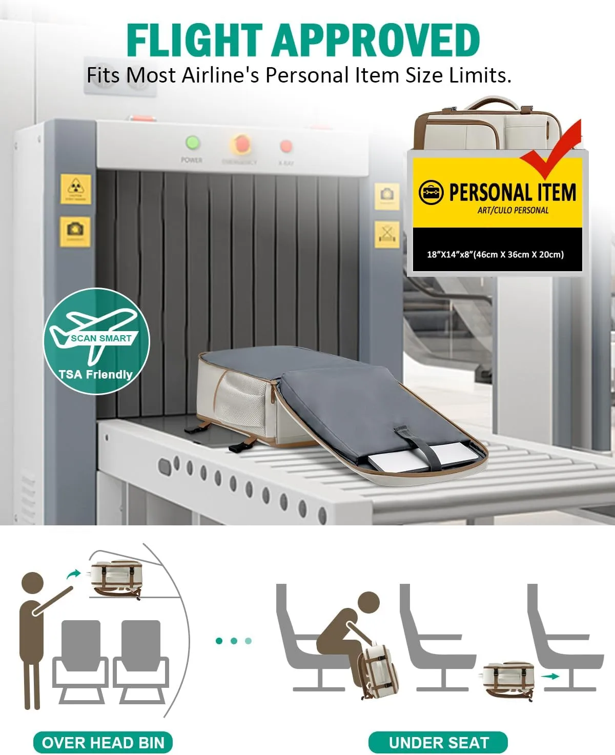 Travel Backpack For Women, Carry On Backpack for Men Flight Approved Airline Personal Item Travel Bag TSA Business 17.3 in Laptop Mochila, Travels Essentials Bookbag for Work Nurse Hiking (Beige)
