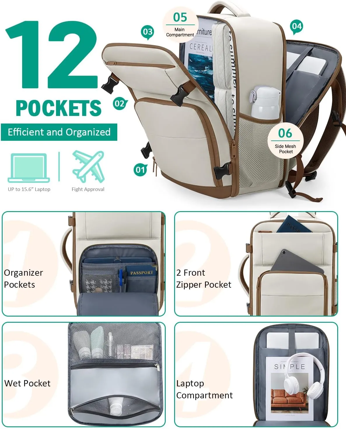 Travel Backpack For Women, Carry On Backpack for Men Flight Approved Airline Personal Item Travel Bag TSA Business 17.3 in Laptop Mochila, Travels Essentials Bookbag for Work Nurse Hiking (Beige)