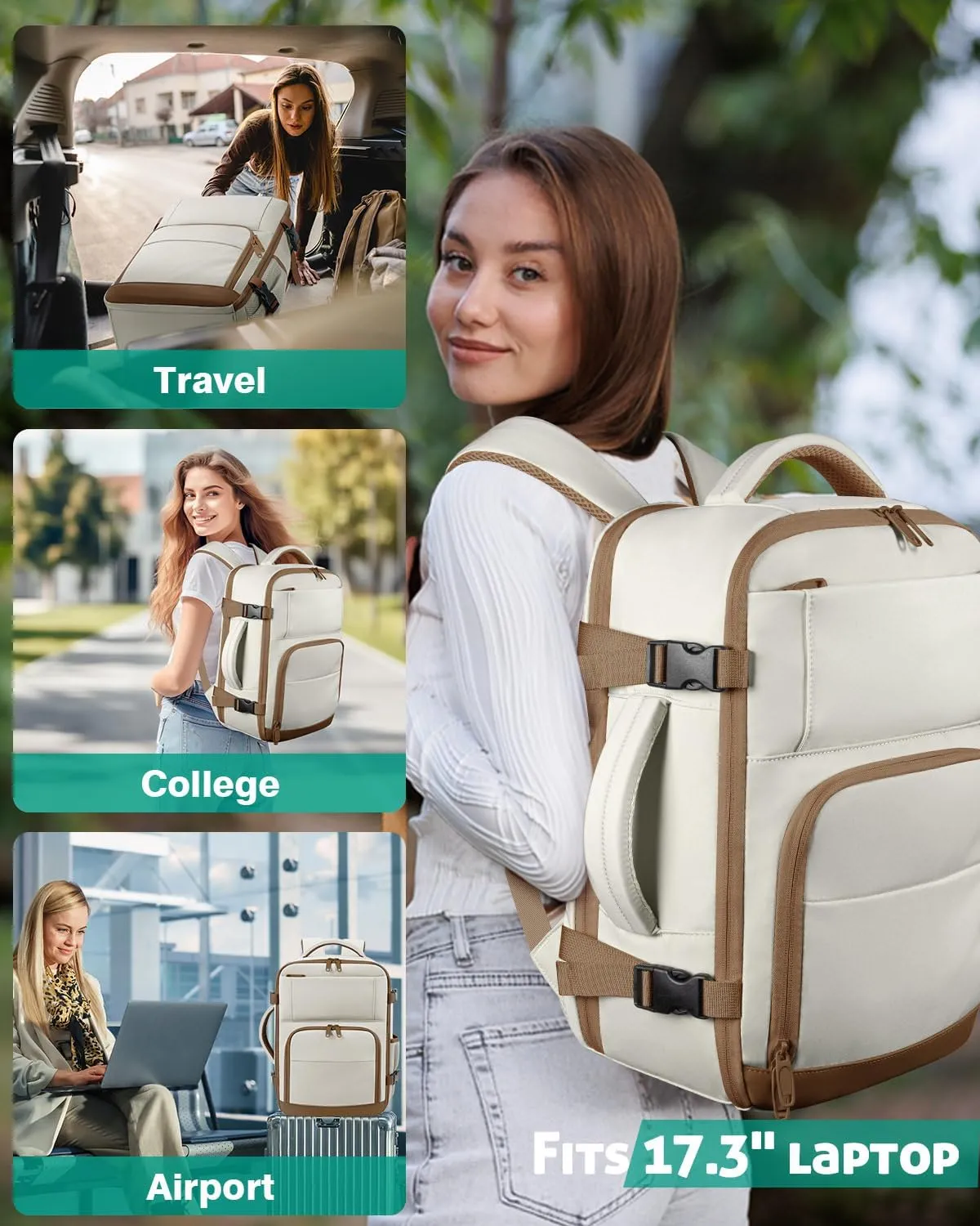 Travel Backpack For Women, Carry On Backpack for Men Flight Approved Airline Personal Item Travel Bag TSA Business 17.3 in Laptop Mochila, Travels Essentials Bookbag for Work Nurse Hiking (Beige)