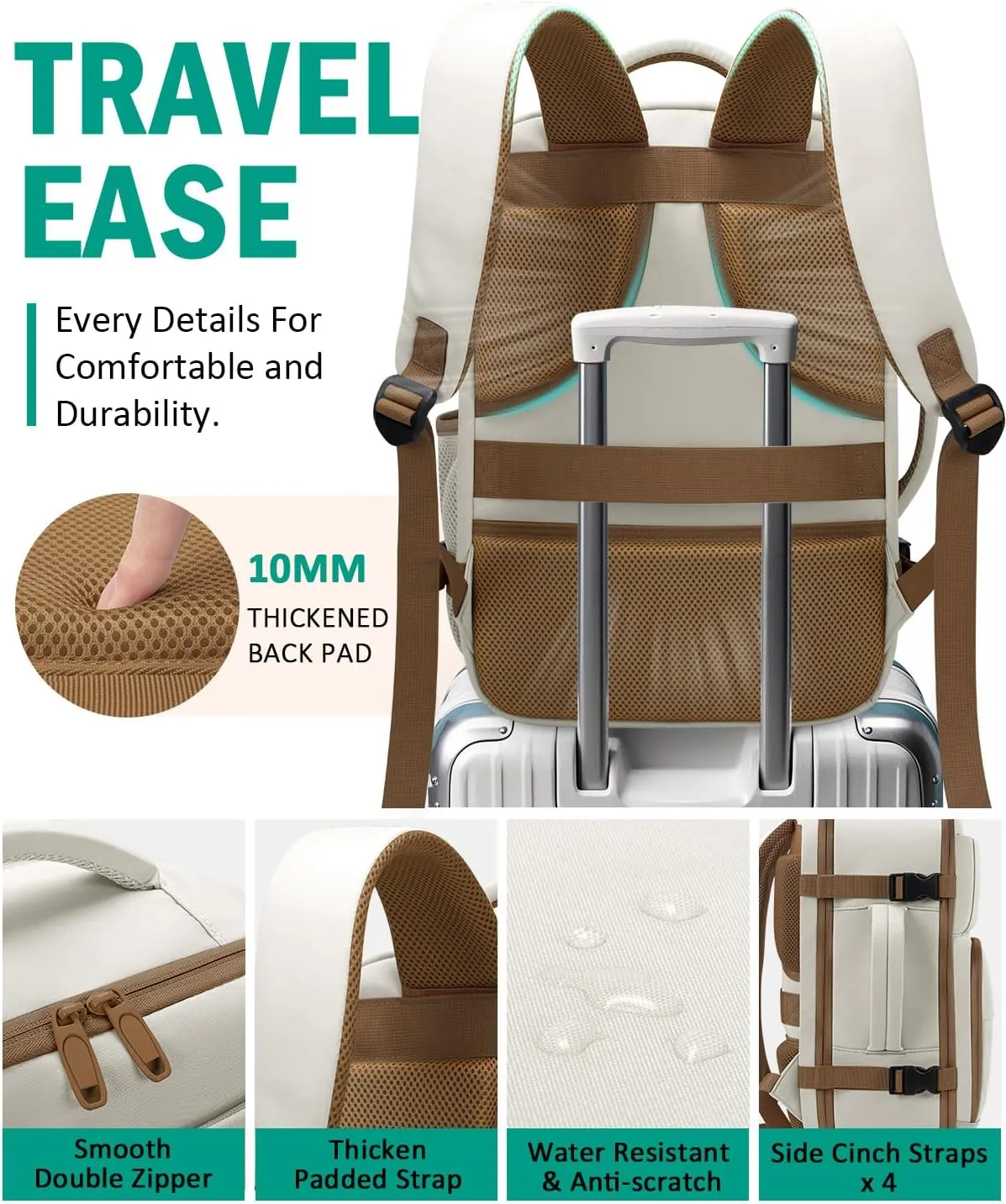 Travel Backpack For Women, Carry On Backpack for Men Flight Approved Airline Personal Item Travel Bag TSA Business 17.3 in Laptop Mochila, Travels Essentials Bookbag for Work Nurse Hiking (Beige)