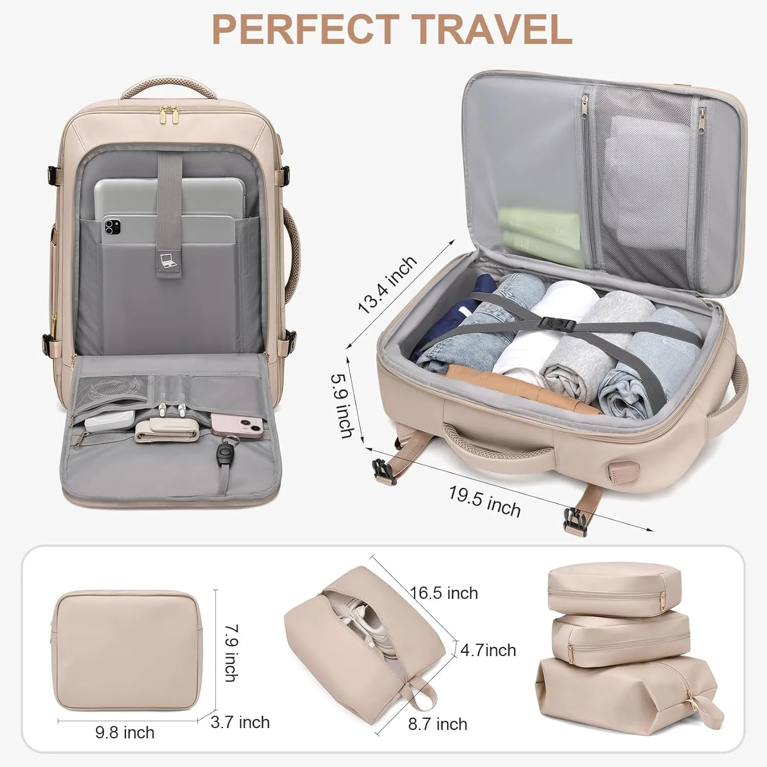 Travel Backpack for Women Men: 40L Large Carry On Backpack Flight Approved with 3 Packing Cubes Expandable Personal Item Travel Bag with USB Charging Port Fits 17" Laptop Essentials Beige