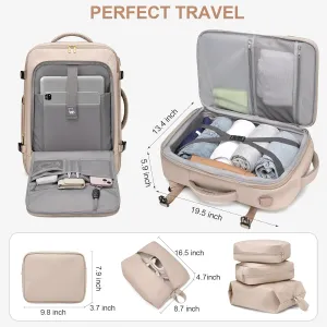 Travel Backpack for Women Men: 40L Large Carry On Backpack Flight Approved with 3 Packing Cubes Expandable Personal Item Travel Bag with USB Charging Port Fits 17" Laptop Essentials Beige