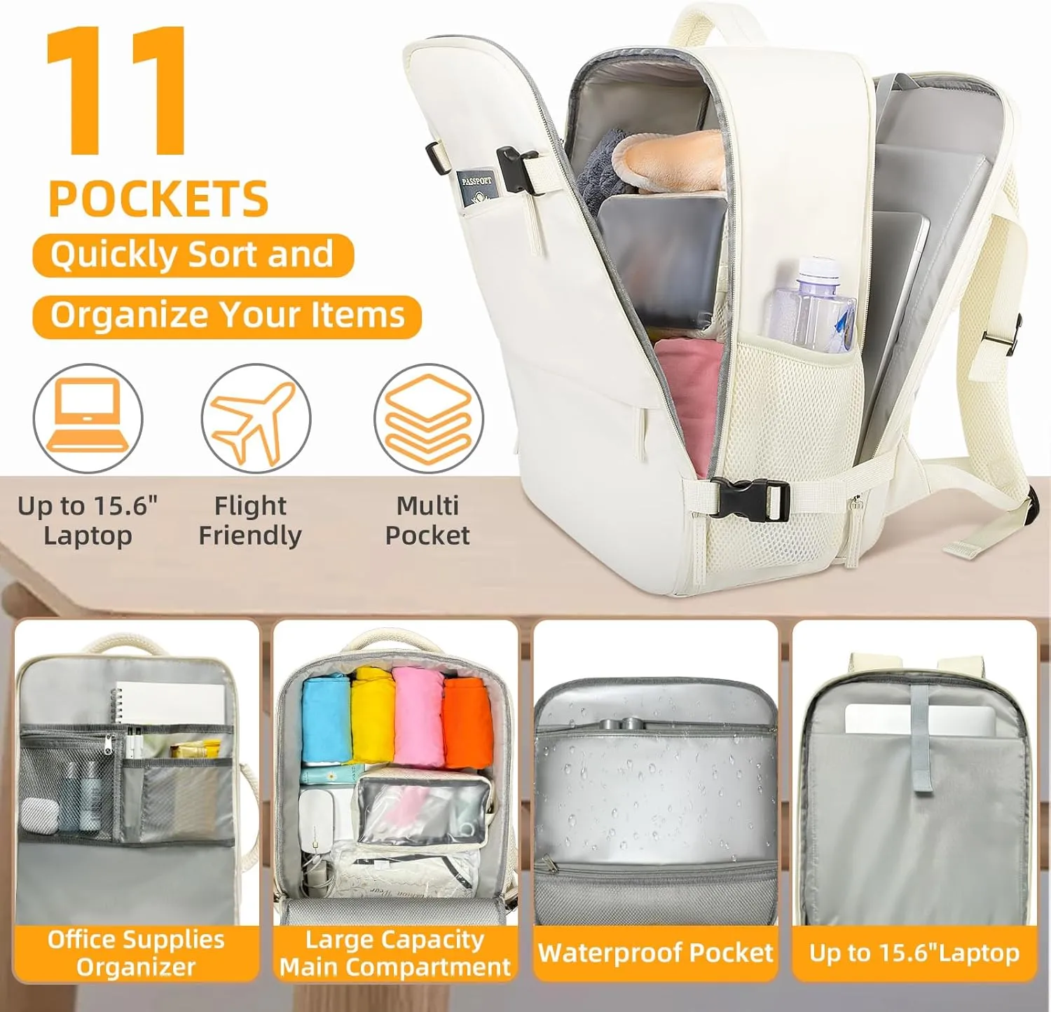 Travel Backpack for Women Men, Carry On Backpack Airlines Approved Personal Item Travel Computer Bag Waterproof Laptop Backpack Business Weekender Overnight Fits15.6Inch Laptop, Beige