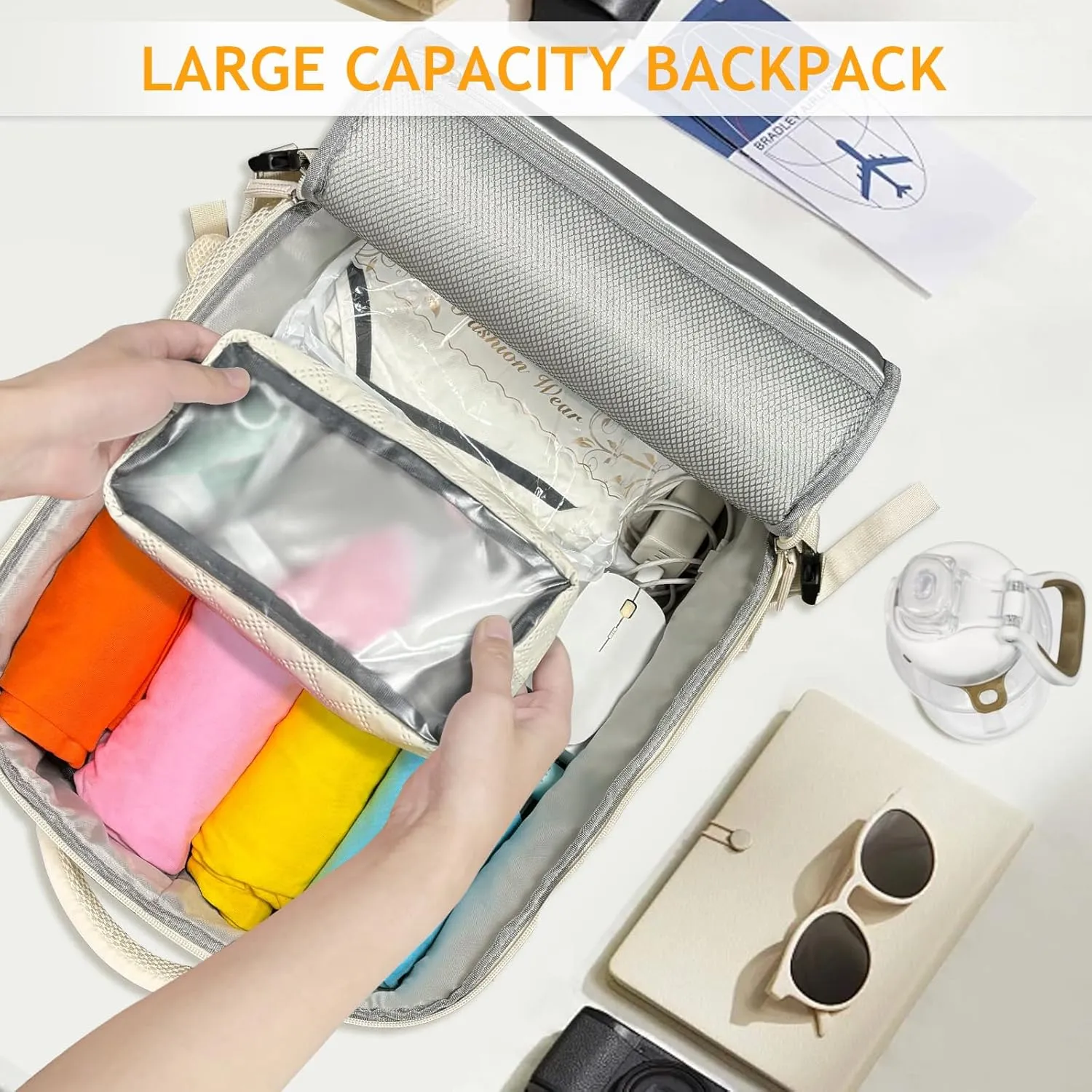 Travel Backpack for Women Men, Carry On Backpack Airlines Approved Personal Item Travel Computer Bag Waterproof Laptop Backpack Business Weekender Overnight Fits15.6Inch Laptop, Beige