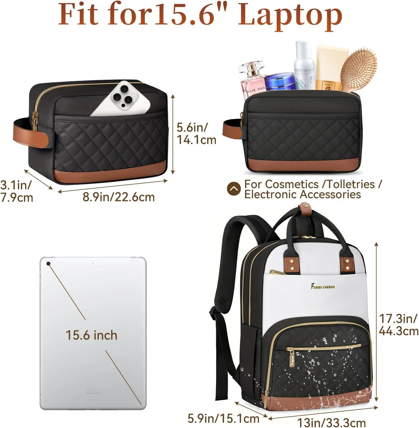 Travel Backpack for Women,15.6 Inch Laptop Backpack for College,Travel Backpack Carry on Flight Approved with USB Charger and Toiletry Bag(Beige-Black, 15.6inch)
