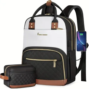 Travel Backpack for Women,15.6 Inch Laptop Backpack for College,Travel Backpack Carry on Flight Approved with USB Charger and Toiletry Bag(Beige-Black, 15.6inch)