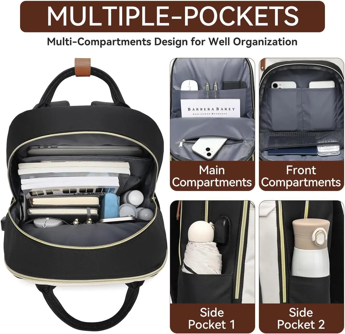 Travel Backpack for Women,15.6 Inch Laptop Backpack for College,Travel Backpack Carry on Flight Approved with USB Charger and Toiletry Bag(Beige-Black, 15.6inch)