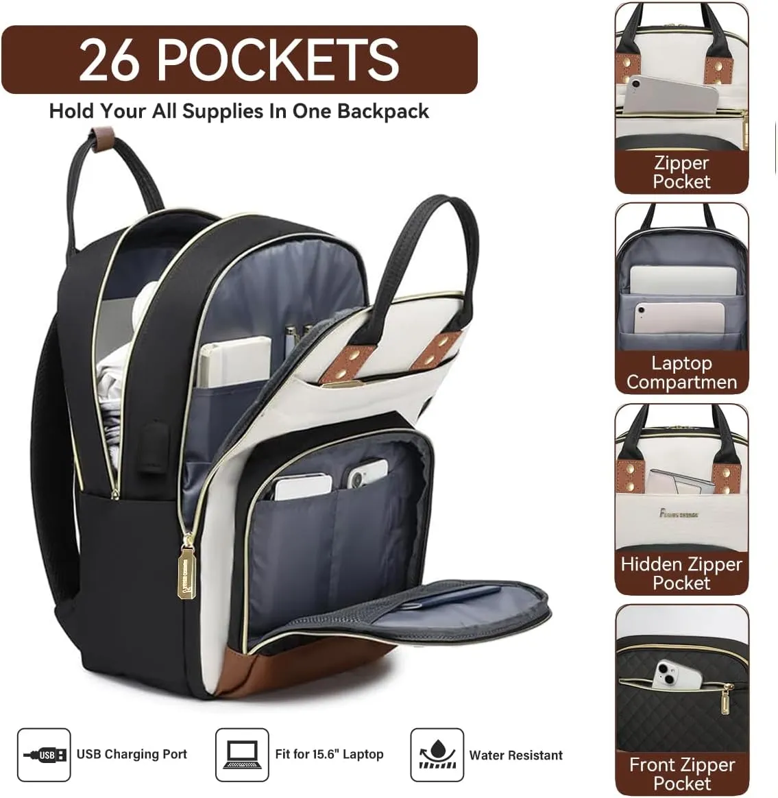 Travel Backpack for Women,15.6 Inch Laptop Backpack for College,Travel Backpack Carry on Flight Approved with USB Charger and Toiletry Bag(Beige-Black, 15.6inch)