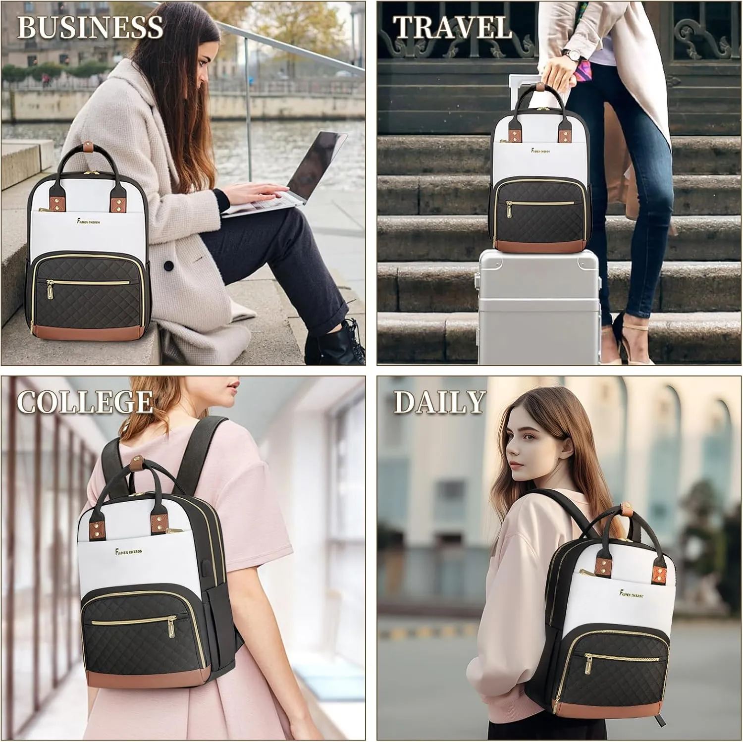 Travel Backpack for Women,15.6 Inch Laptop Backpack for College,Travel Backpack Carry on Flight Approved with USB Charger and Toiletry Bag(Beige-Black, 15.6inch)