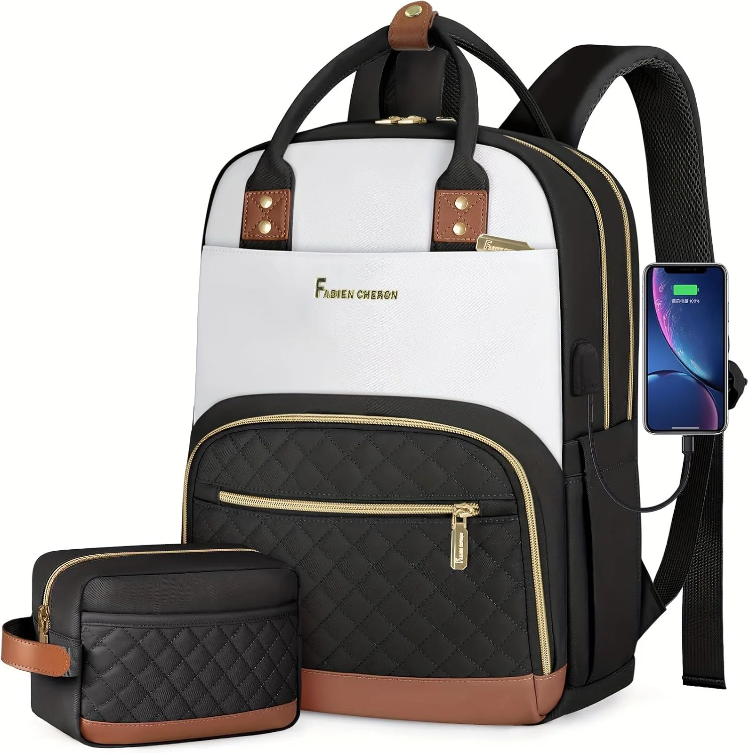 Travel Backpack for Women,15.6 Inch Laptop Backpack for College,Travel Backpack Carry on Flight Approved with USB Charger and Toiletry Bag(Beige-Black, 15.6inch)