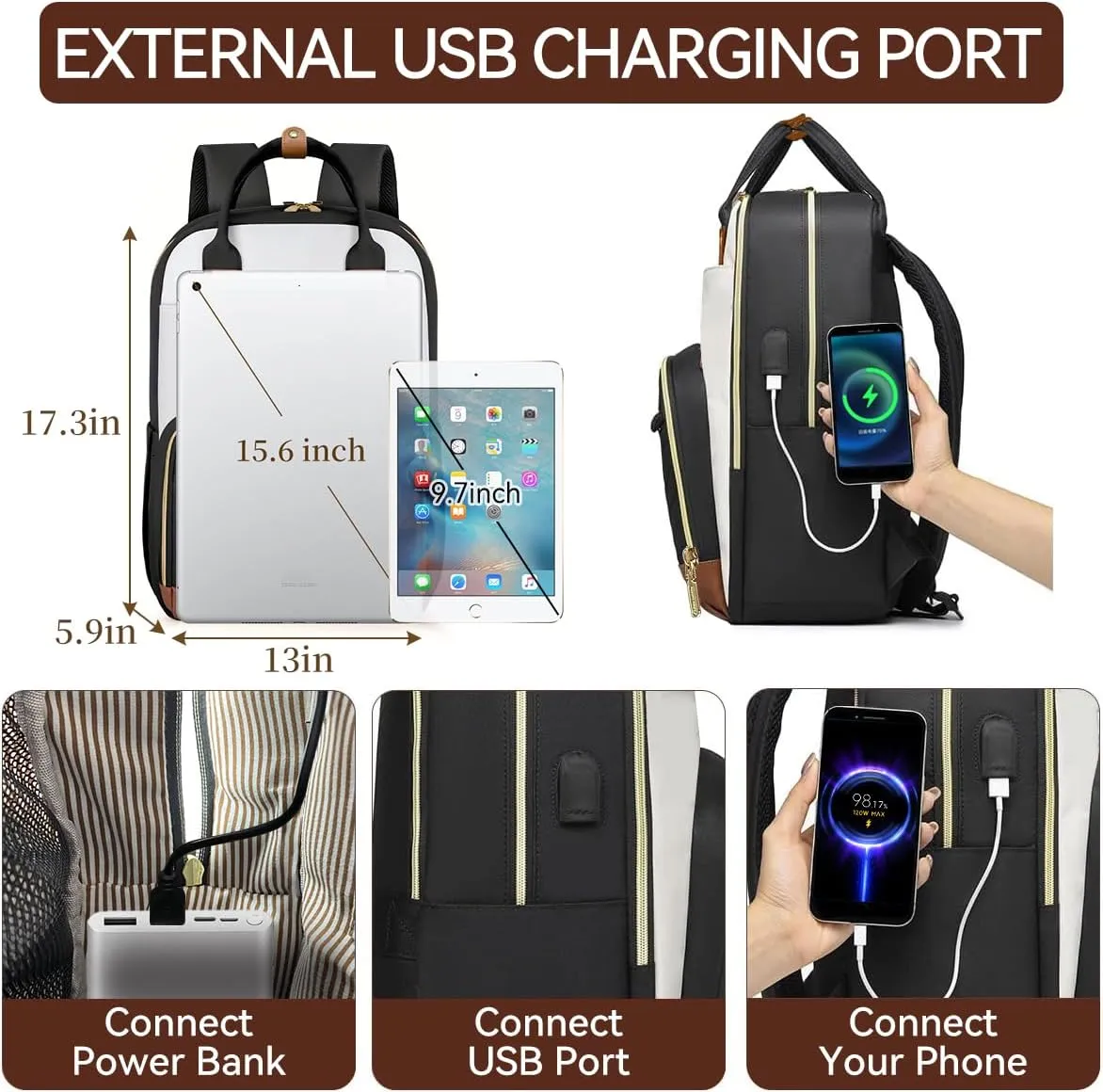 Travel Backpack for Women,15.6 Inch Laptop Backpack for College,Travel Backpack Carry on Flight Approved with USB Charger and Toiletry Bag(Beige-Black, 15.6inch)