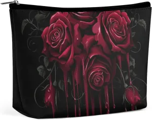 Travel Cosmetic Bags for Women Portable Waterproof Makeup Zipper Pouch Blood Red Rose Art PU Leather Toiletry Organizer Pouch Clutch