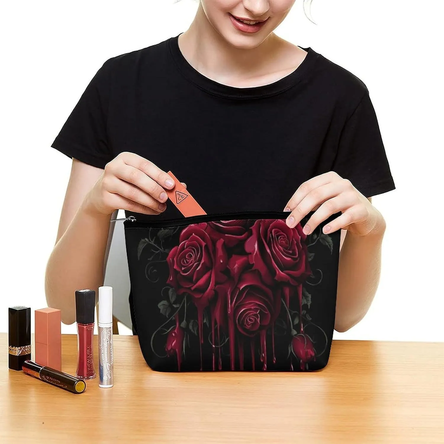 Travel Cosmetic Bags for Women Portable Waterproof Makeup Zipper Pouch Blood Red Rose Art PU Leather Toiletry Organizer Pouch Clutch