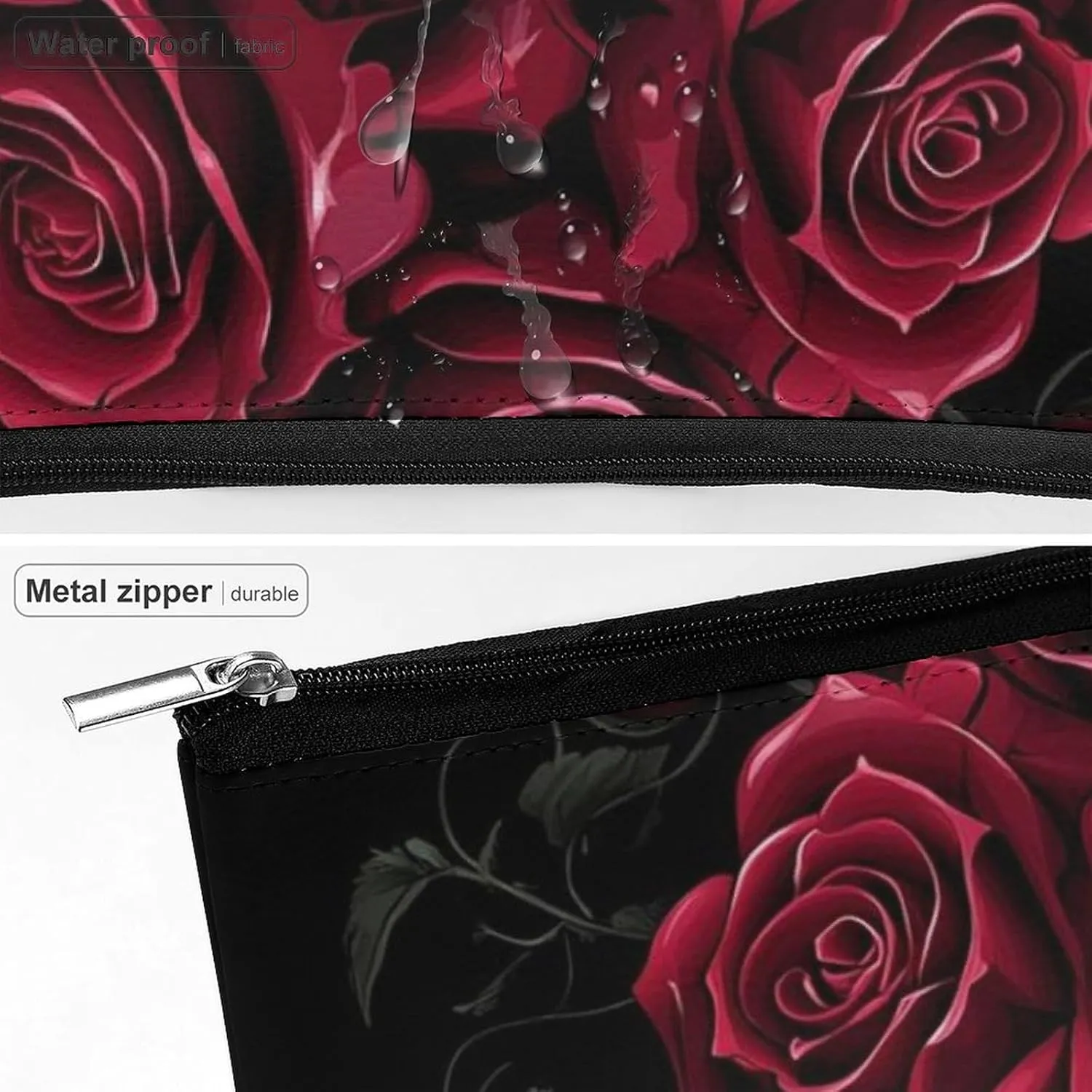 Travel Cosmetic Bags for Women Portable Waterproof Makeup Zipper Pouch Blood Red Rose Art PU Leather Toiletry Organizer Pouch Clutch
