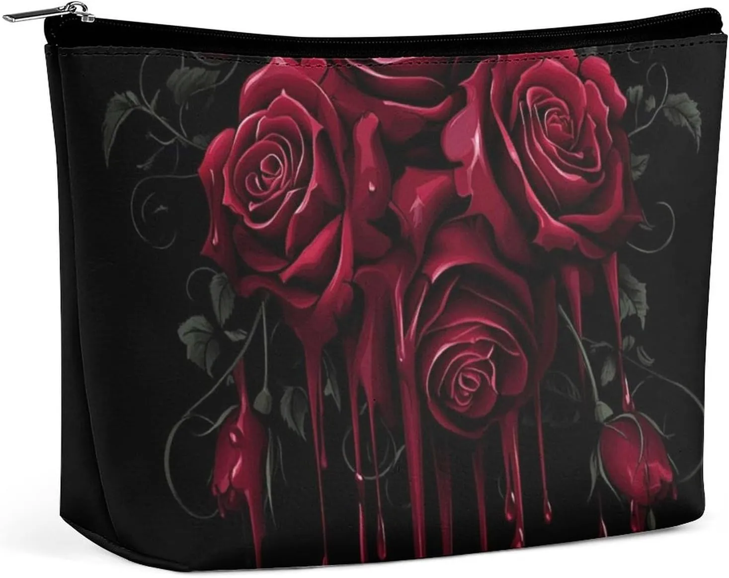 Travel Cosmetic Bags for Women Portable Waterproof Makeup Zipper Pouch Blood Red Rose Art PU Leather Toiletry Organizer Pouch Clutch