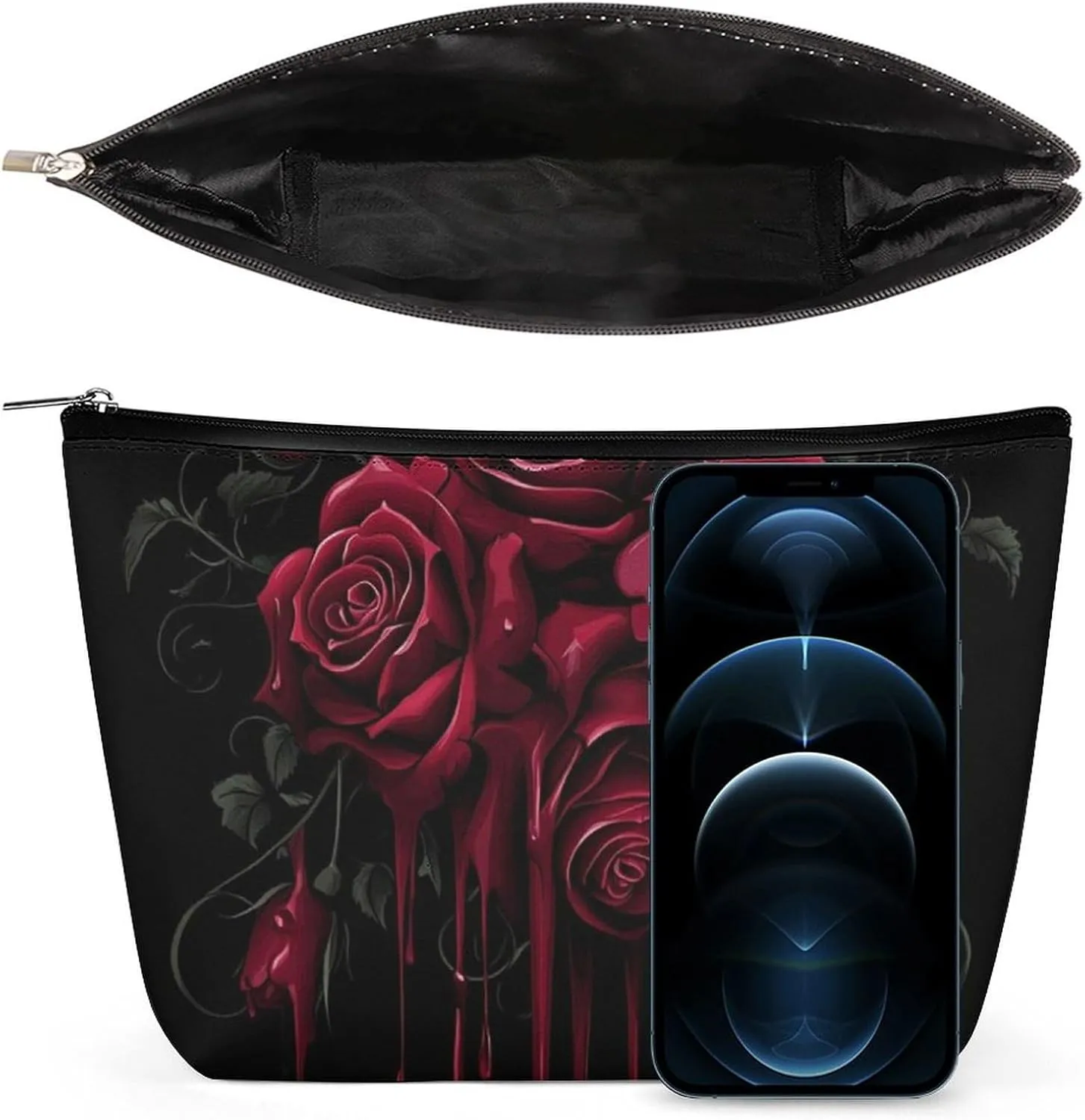 Travel Cosmetic Bags for Women Portable Waterproof Makeup Zipper Pouch Blood Red Rose Art PU Leather Toiletry Organizer Pouch Clutch