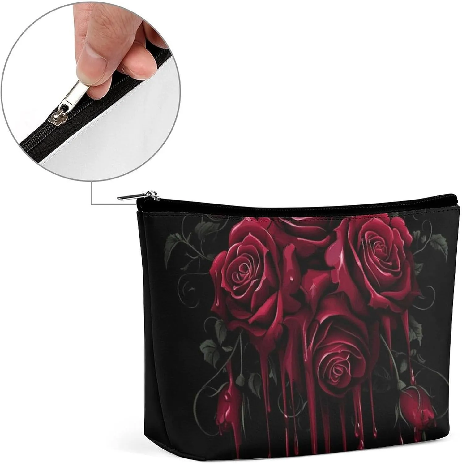 Travel Cosmetic Bags for Women Portable Waterproof Makeup Zipper Pouch Blood Red Rose Art PU Leather Toiletry Organizer Pouch Clutch
