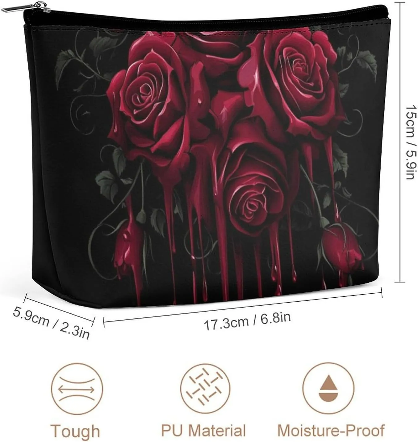 Travel Cosmetic Bags for Women Portable Waterproof Makeup Zipper Pouch Blood Red Rose Art PU Leather Toiletry Organizer Pouch Clutch