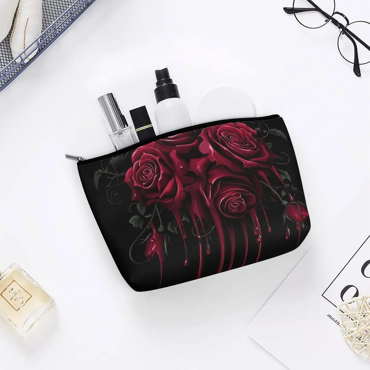 Travel Cosmetic Bags for Women Portable Waterproof Makeup Zipper Pouch Blood Red Rose Art PU Leather Toiletry Organizer Pouch Clutch