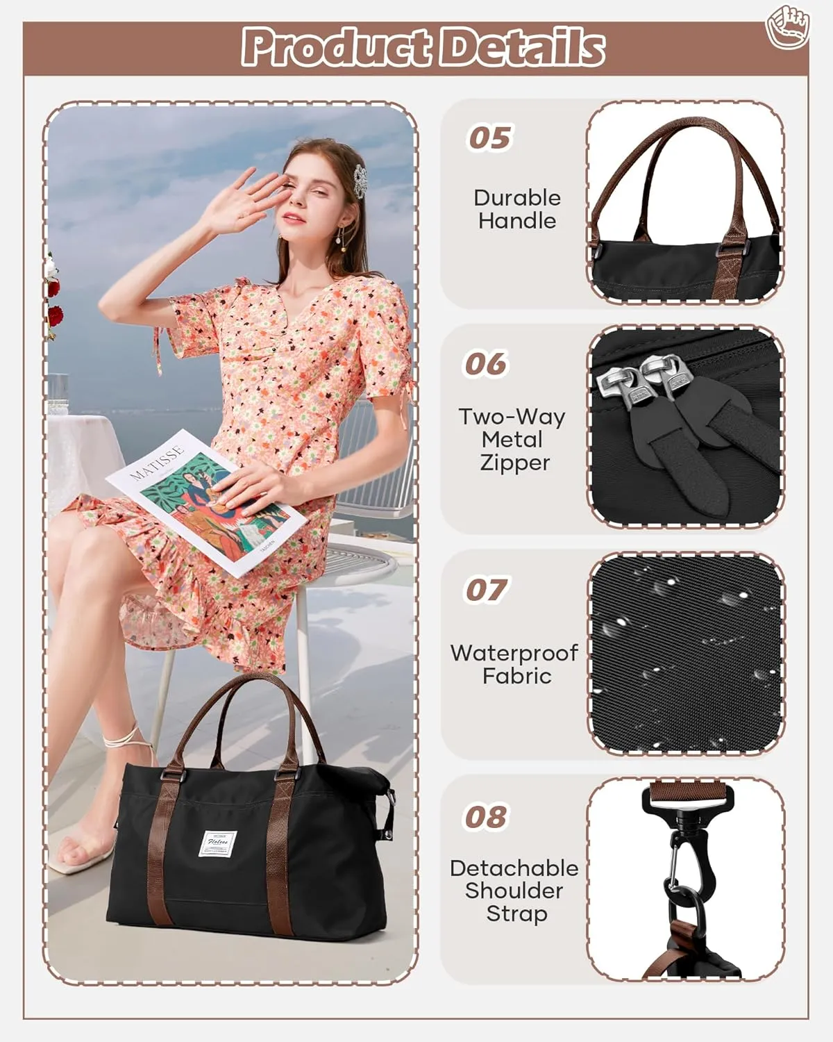 Travel Duffel Bags for Women Mens Waterproof Weekender Carry on Bag Sports Gym Bag Travel Tote Bags with Wet Pocket Overnight Bag Workout Duffel Bags with Trolley Sleeve Black Brown