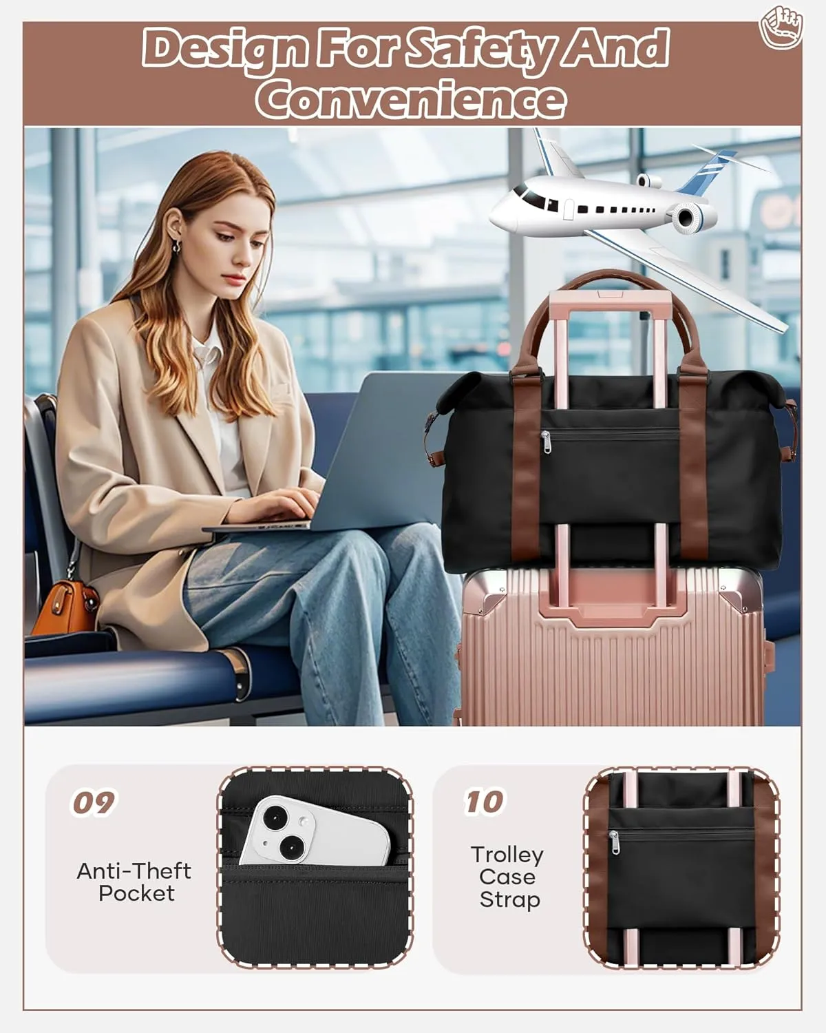 Travel Duffel Bags for Women Mens Waterproof Weekender Carry on Bag Sports Gym Bag Travel Tote Bags with Wet Pocket Overnight Bag Workout Duffel Bags with Trolley Sleeve Black Brown