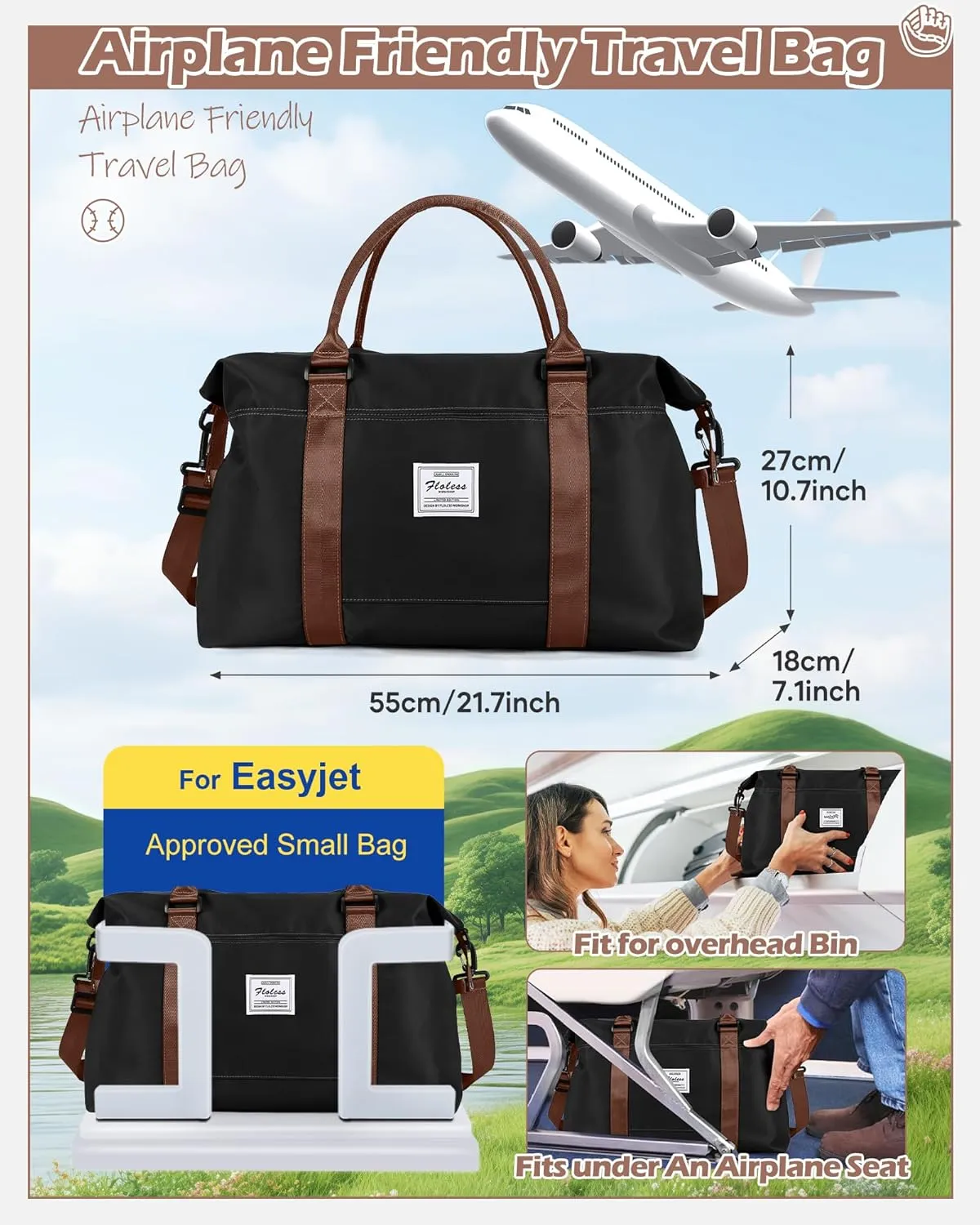 Travel Duffel Bags for Women Mens Waterproof Weekender Carry on Bag Sports Gym Bag Travel Tote Bags with Wet Pocket Overnight Bag Workout Duffel Bags with Trolley Sleeve Black Brown