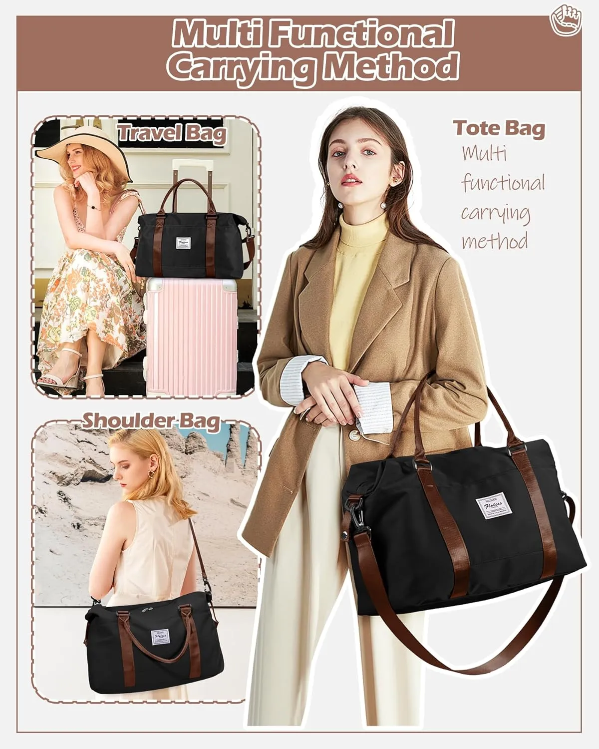 Travel Duffel Bags for Women Mens Waterproof Weekender Carry on Bag Sports Gym Bag Travel Tote Bags with Wet Pocket Overnight Bag Workout Duffel Bags with Trolley Sleeve Black Brown