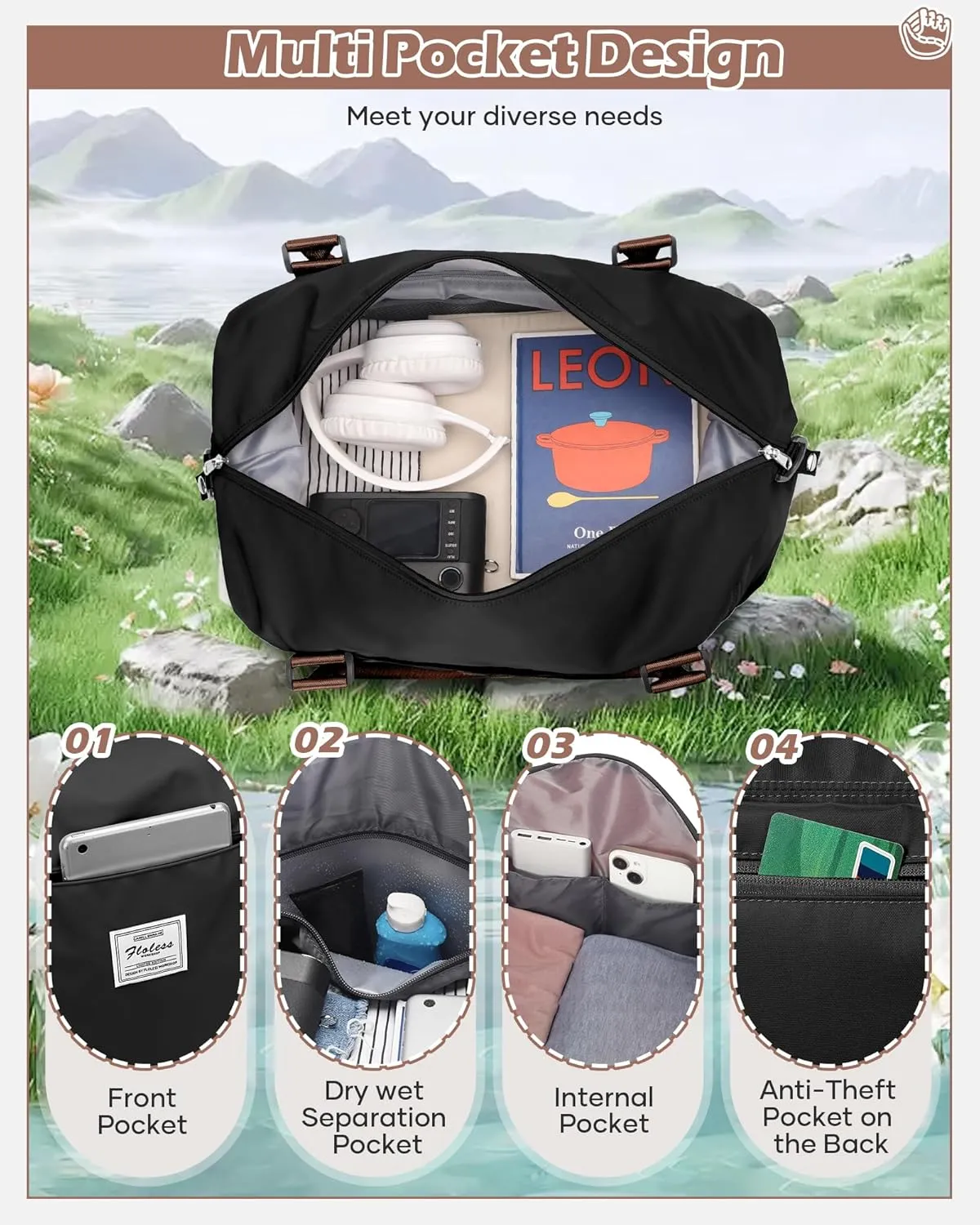 Travel Duffel Bags for Women Mens Waterproof Weekender Carry on Bag Sports Gym Bag Travel Tote Bags with Wet Pocket Overnight Bag Workout Duffel Bags with Trolley Sleeve Black Brown