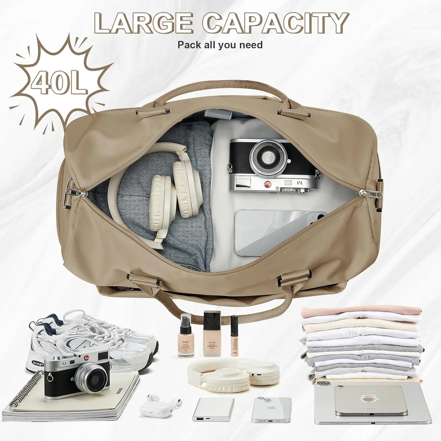 Travel Duffle Bag, Weekender Bag Women Mens Sports Gym Bag with Shoes Compartment and Wet Pocket, Travel Bag for Airplane Waterproof Overnight Bag Carry On Tote Bags Hospital Holdalls Luggage