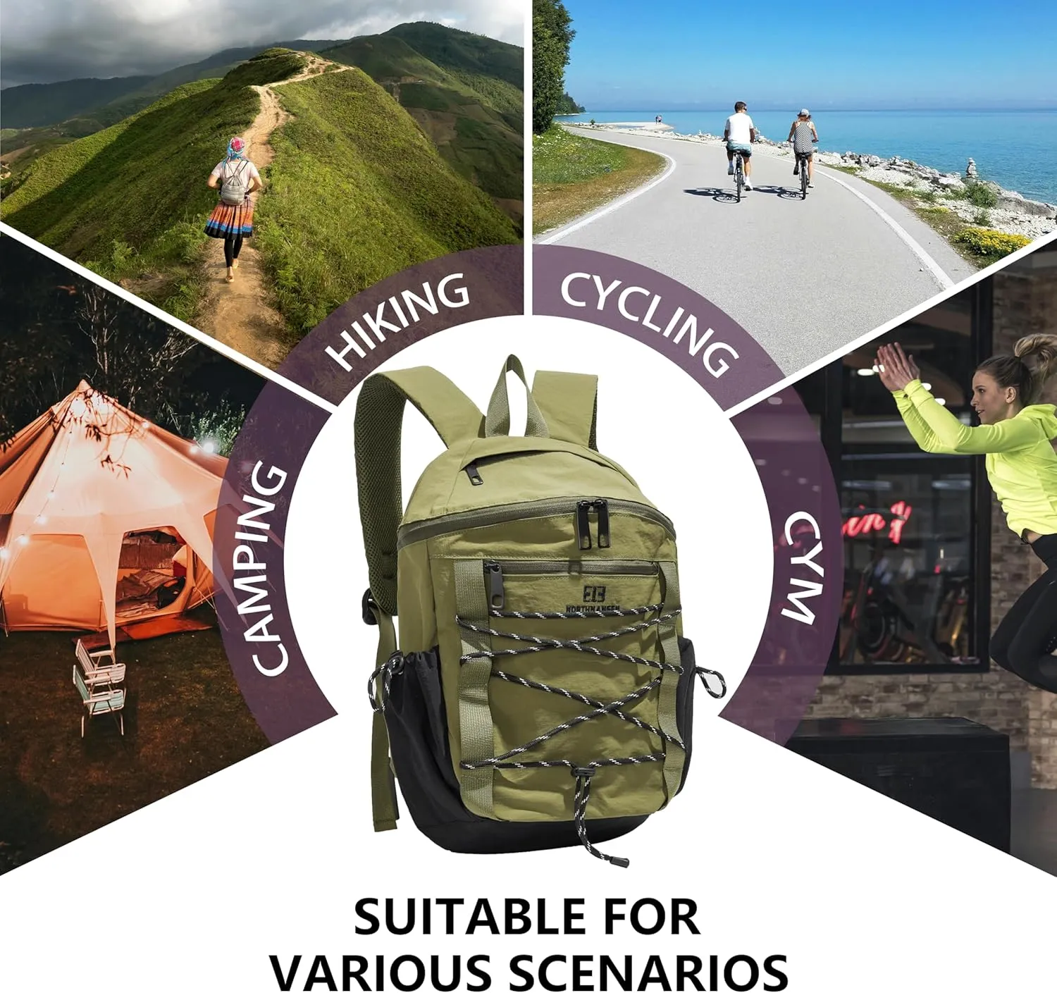 Travel Hiking Backpack for Women,Cycling bag,Lightweight,Waterproof,Outdoor Sport,Leisure,Gym,Camping,Casual Bag,Small 20L. (Green)
