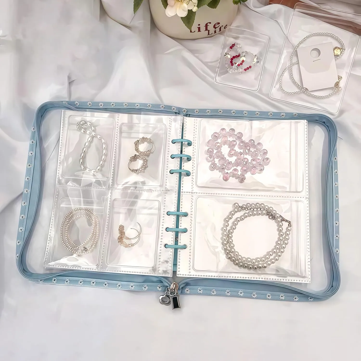 Travel Jewelry Organizer Case,Jewelry Storage Book with 45 Portable Thick PVC Pouches,Jewelry Organizer Zipper Bags for Necklaces Bracelet Rings and Earrings (front cover removable)
