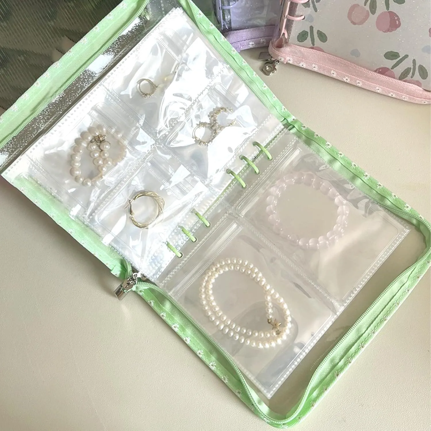 Travel Jewelry Organizer Case,Jewelry Storage Book with 45 Portable Thick PVC Pouches,Jewelry Organizer Zipper Bags for Necklaces Bracelet Rings and Earrings (front cover removable)