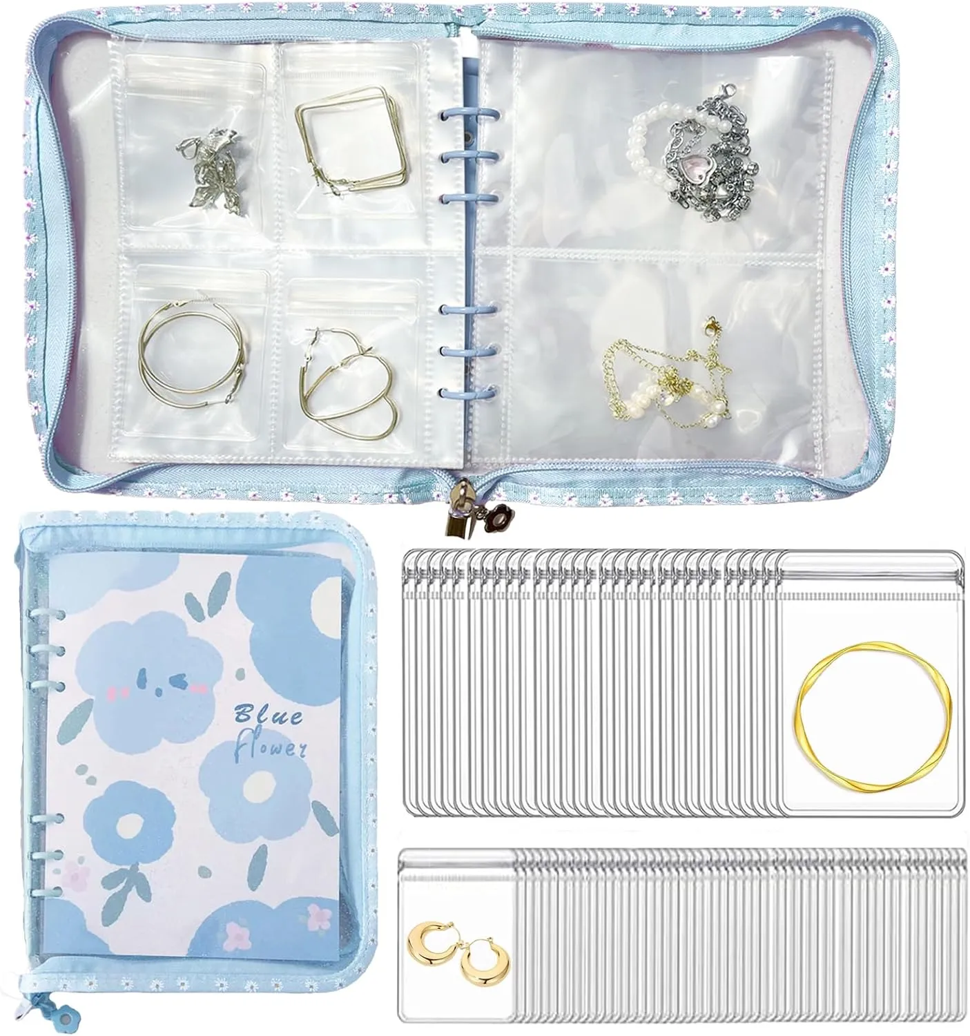Travel Jewelry Organizer Case,Jewelry Storage Book with 45 Portable Thick PVC Pouches,Jewelry Organizer Zipper Bags for Necklaces Bracelet Rings and Earrings (front cover removable)