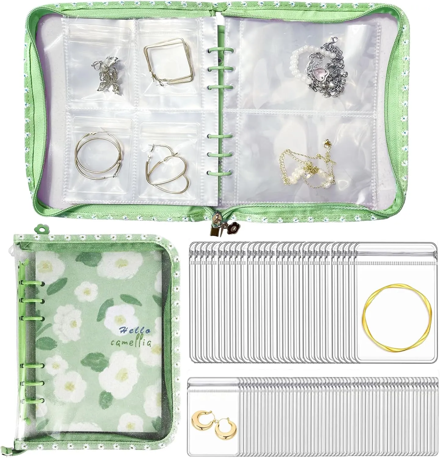 Travel Jewelry Organizer Case,Jewelry Storage Book with 45 Portable Thick PVC Pouches,Jewelry Organizer Zipper Bags for Necklaces Bracelet Rings and Earrings (front cover removable)