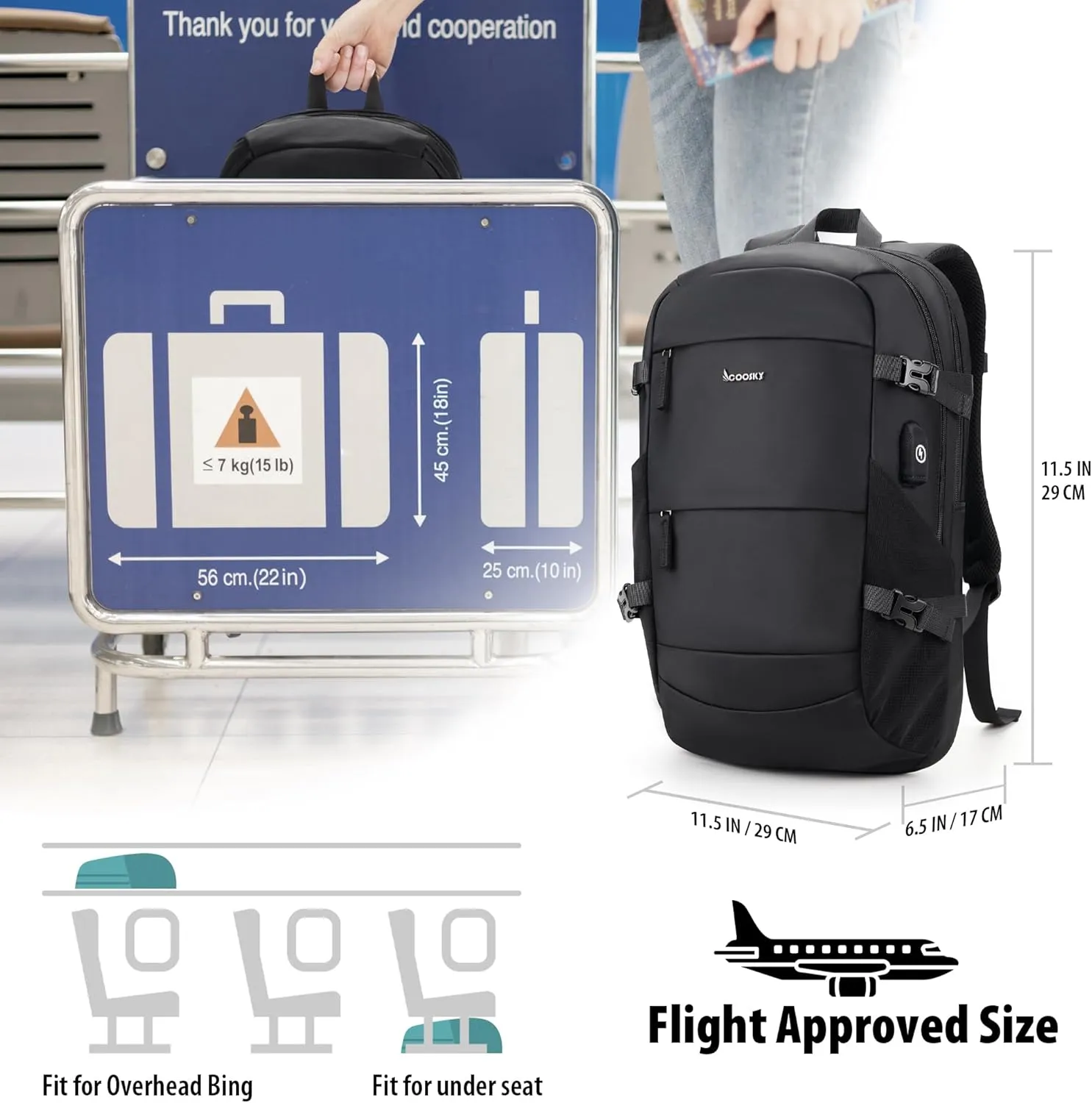 Travel Laptop Backpack with USB Charging Port, TSA Flight Approved carry on suitcase with 15.6" Notebook Compartment, Lightweight Computer Anti-theft Bag, Casual Commuter Daypack for Women & Men Black