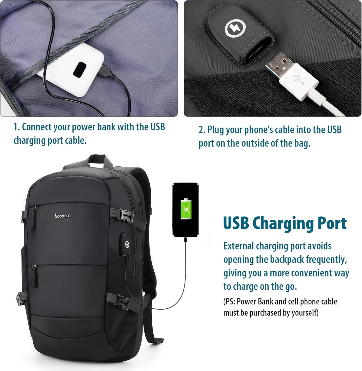 Travel Laptop Backpack with USB Charging Port, TSA Flight Approved carry on suitcase with 15.6" Notebook Compartment, Lightweight Computer Anti-theft Bag, Casual Commuter Daypack for Women & Men Black